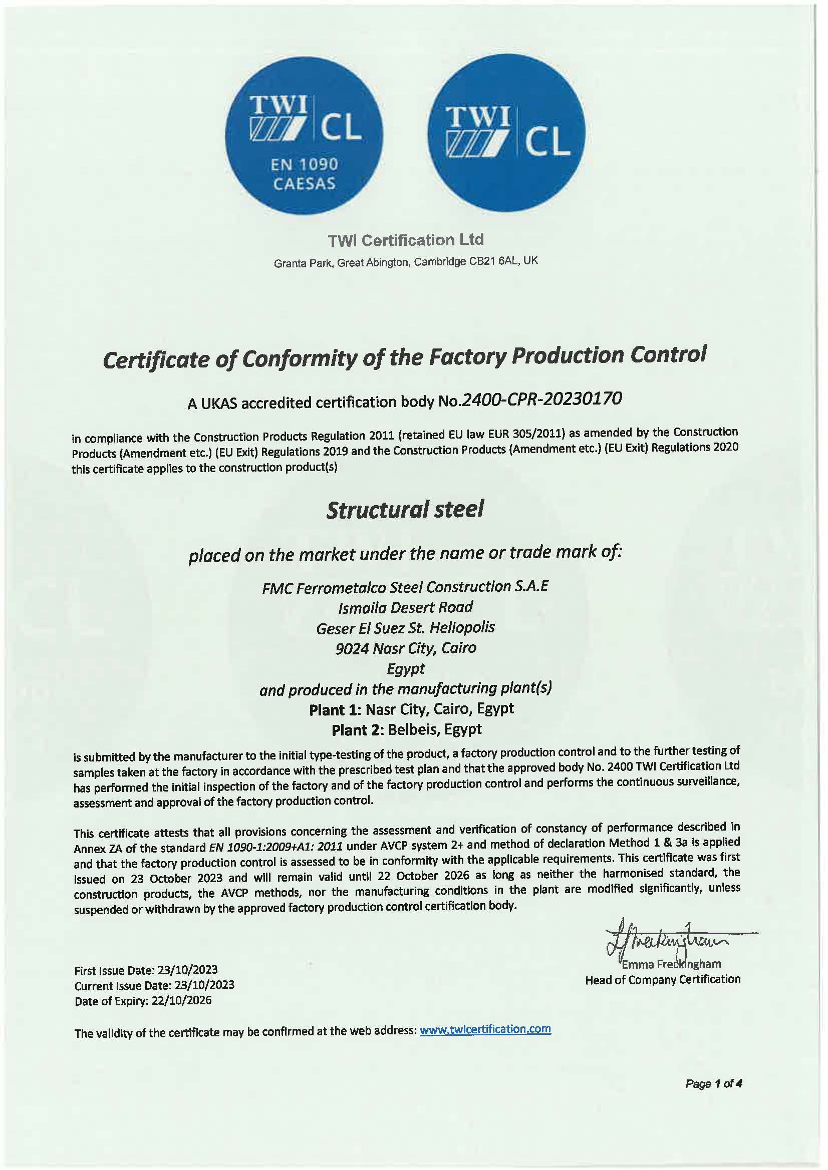 Certificate of Conformity of Factory Production Control